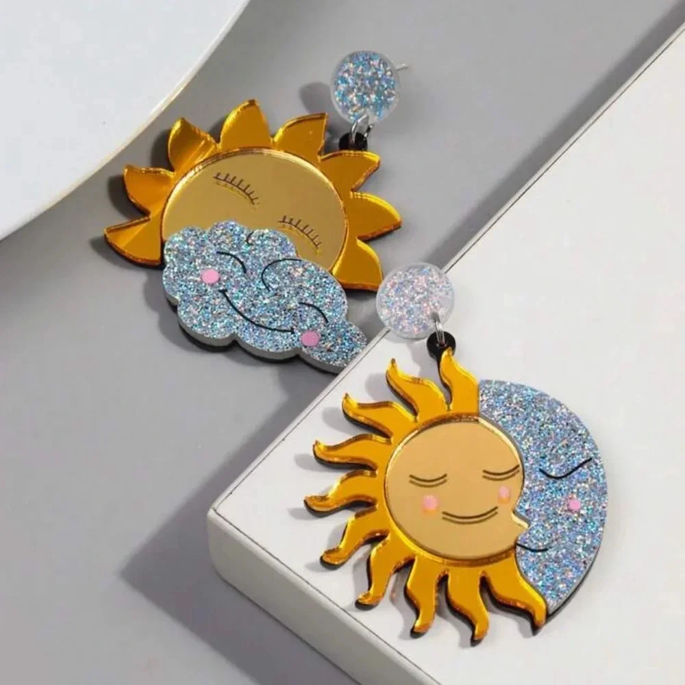 2/$30🌵 Sun & Moon Earrings Mirrored Acrylic Large Pop Art Celestial Glitter NEW
